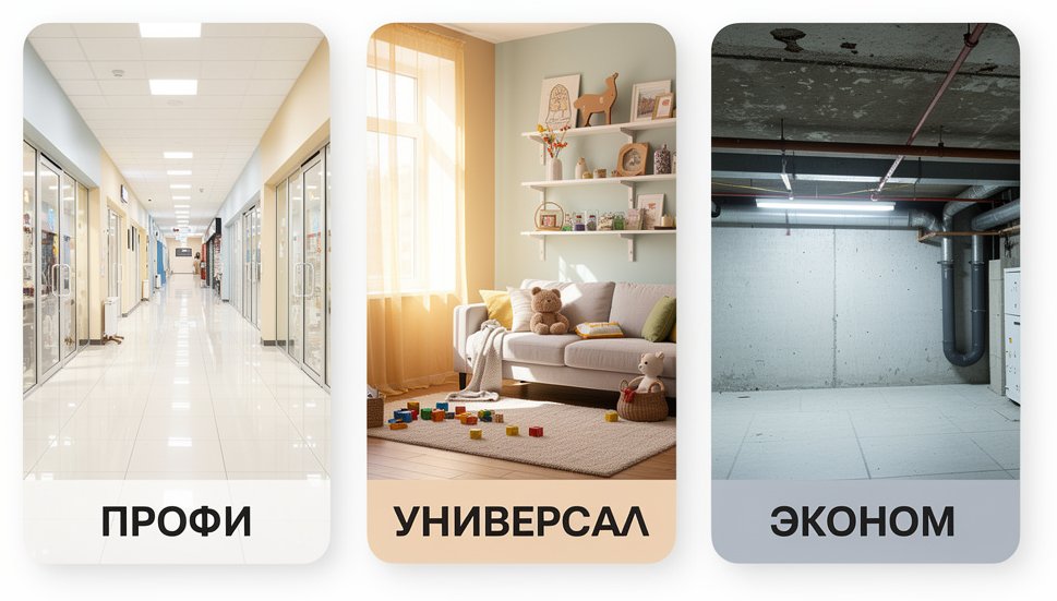 Как выбрать сегмент краски ВДАК Выбор краски ВДАК по сегменту: Профи для общественных помещений, Универсал для жилых, Эконом для технических